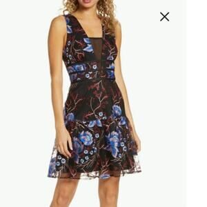 HARLYN Embroidered Fit & Flare Cocktail Black Multi colored Dress Sz XS